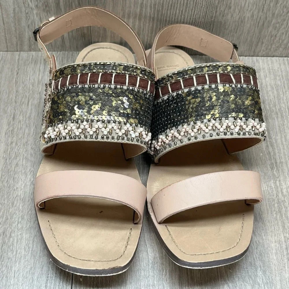 ZARA Basic Sandals Size 40 US 9.5 Boho Sequin Embellished Slingback Flats Pink - Picture 7 of 11